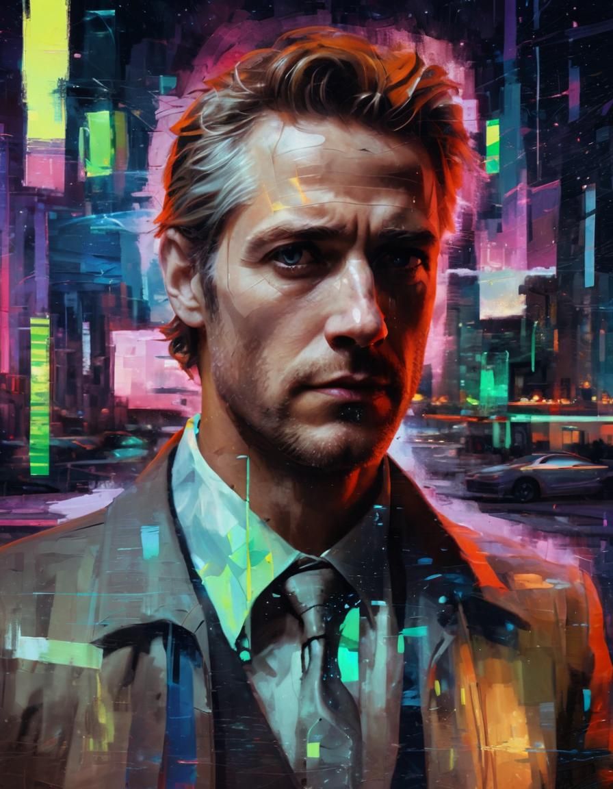 Digital Glitch Art Oil Painting of a Cyberpunk Detective