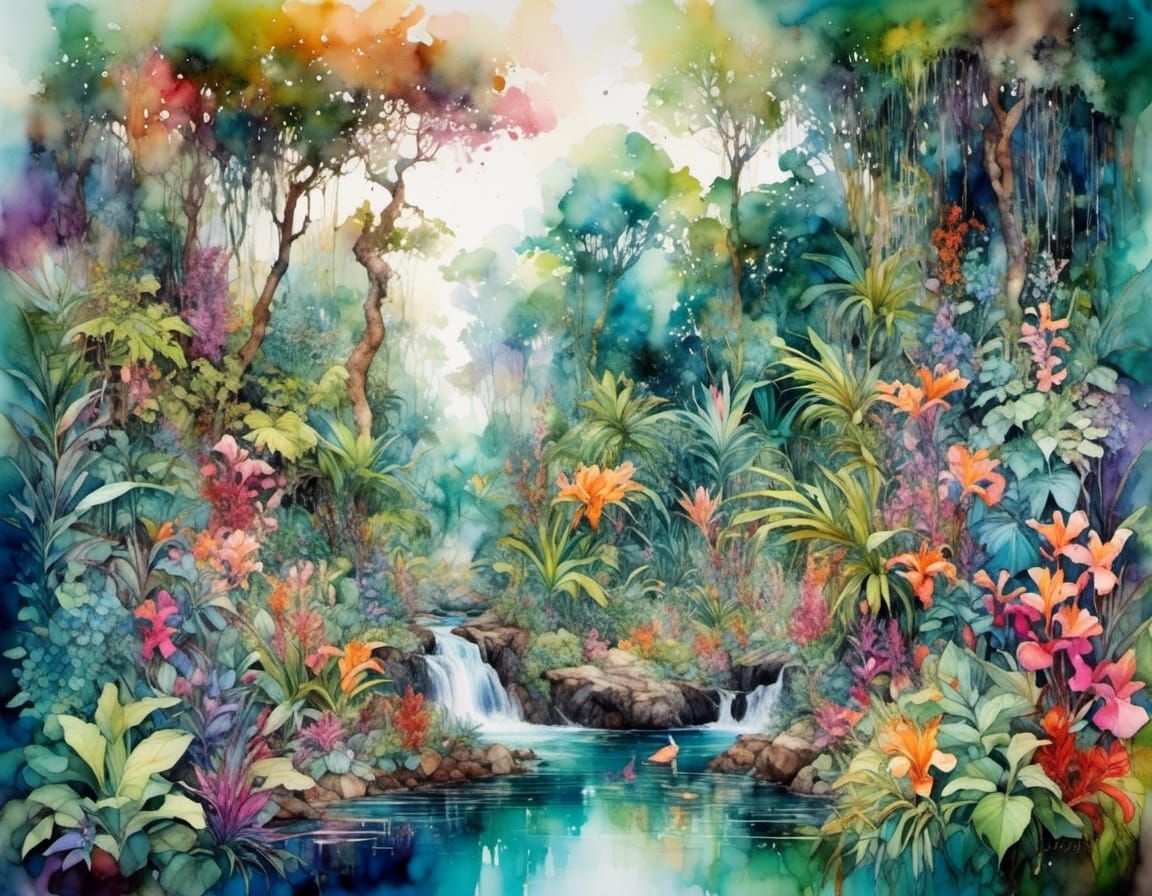 Lush Jungle Landscape in Alcohol Ink Style