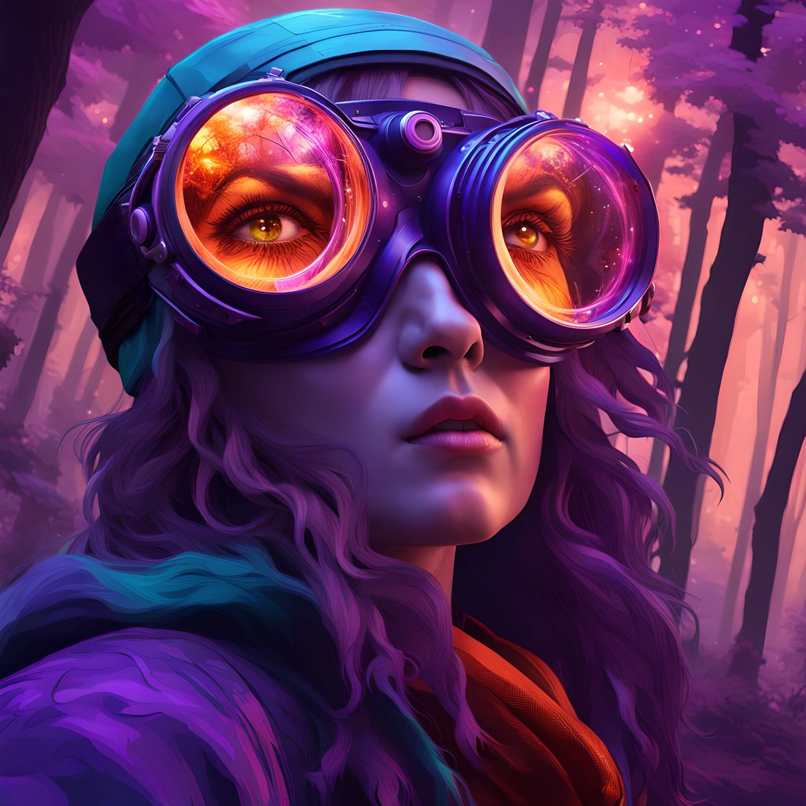 Cyberpunk Girl in Purple Forest, Digital Art