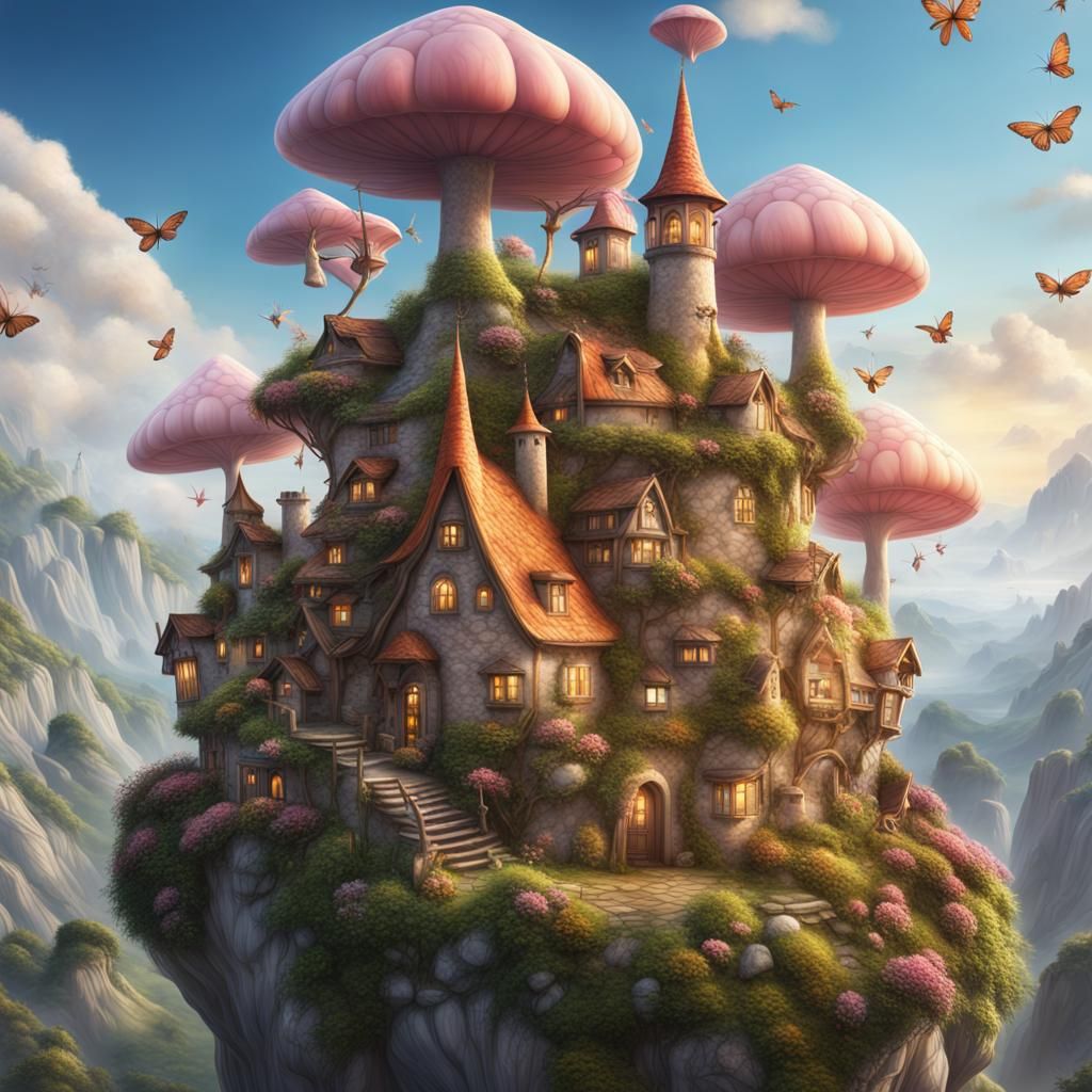Sky Village with Flying Fairies in 3D