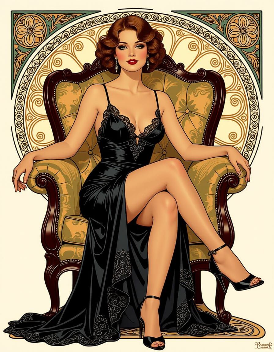 Elegant Woman in Night Dress on Armchair, Art Nouveau Style
