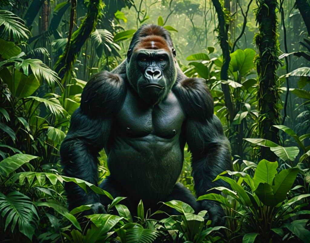 Hyperrealistic Gorilla in Deep Tropical Jungle