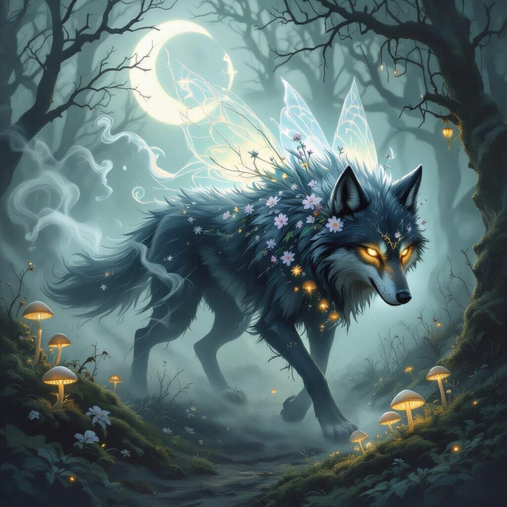 Ethereal Fairy Wolf in Enchanted Forest: Dark Fantasy Art