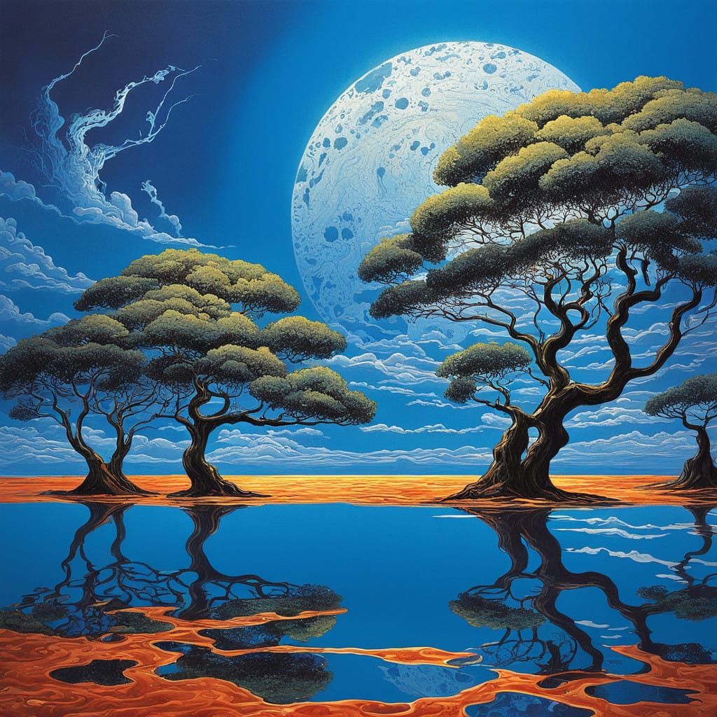 Surreal, Metallic Landscape with Iridium-Hued Clouds and Shi...