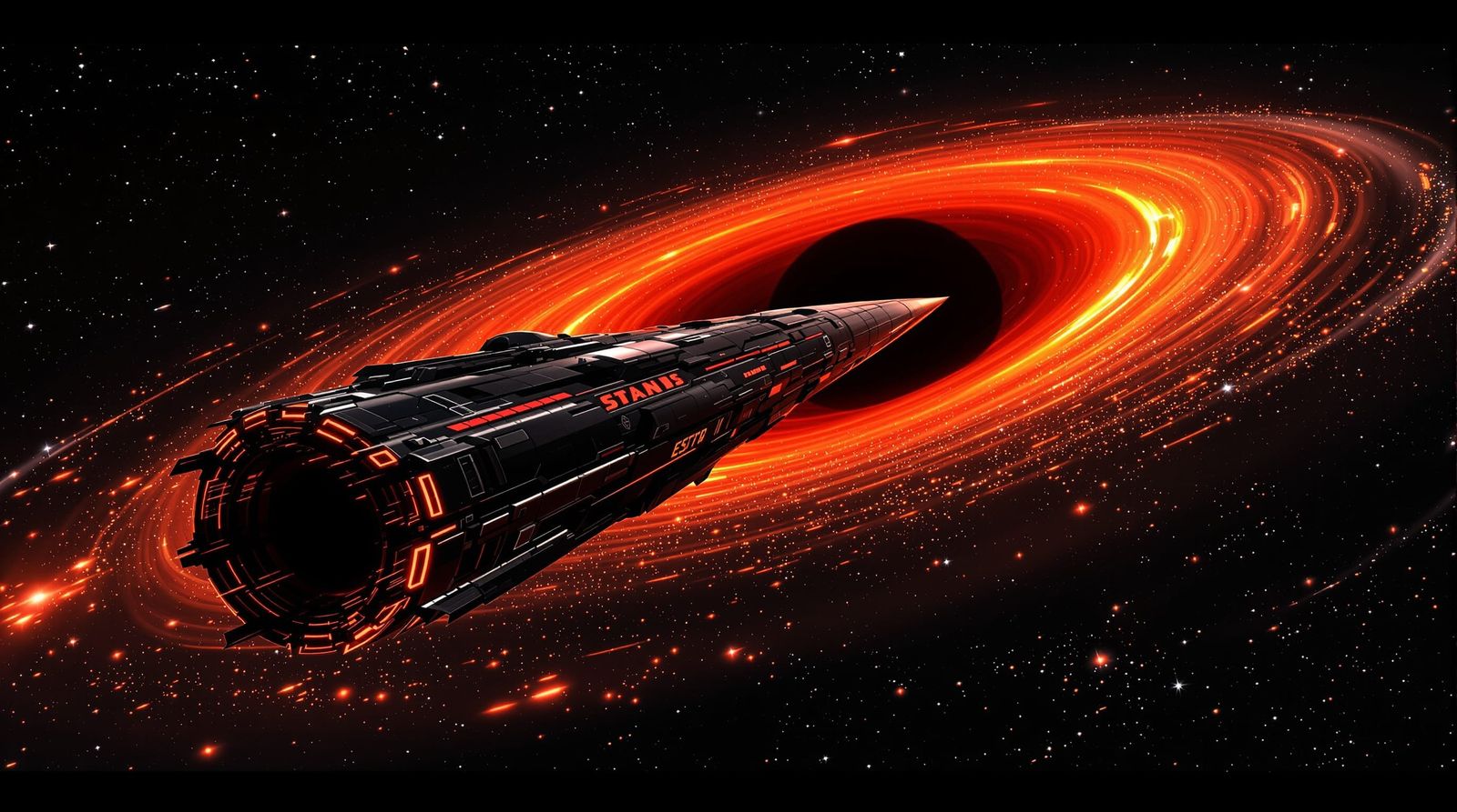 Interstellar Starship Near Black Hole Sun in Klimt Style