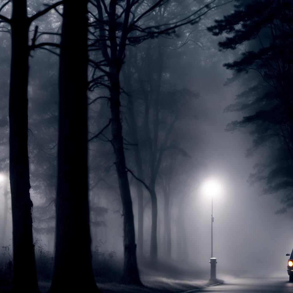 Ominous Car Journey into Dark Misty Forest