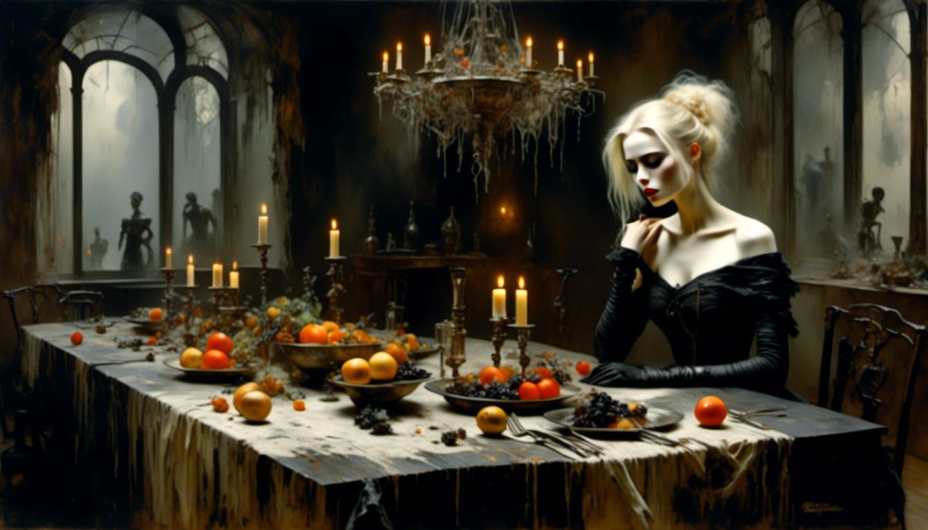 Lonely Woman at Banquet, German Expressionist Painting