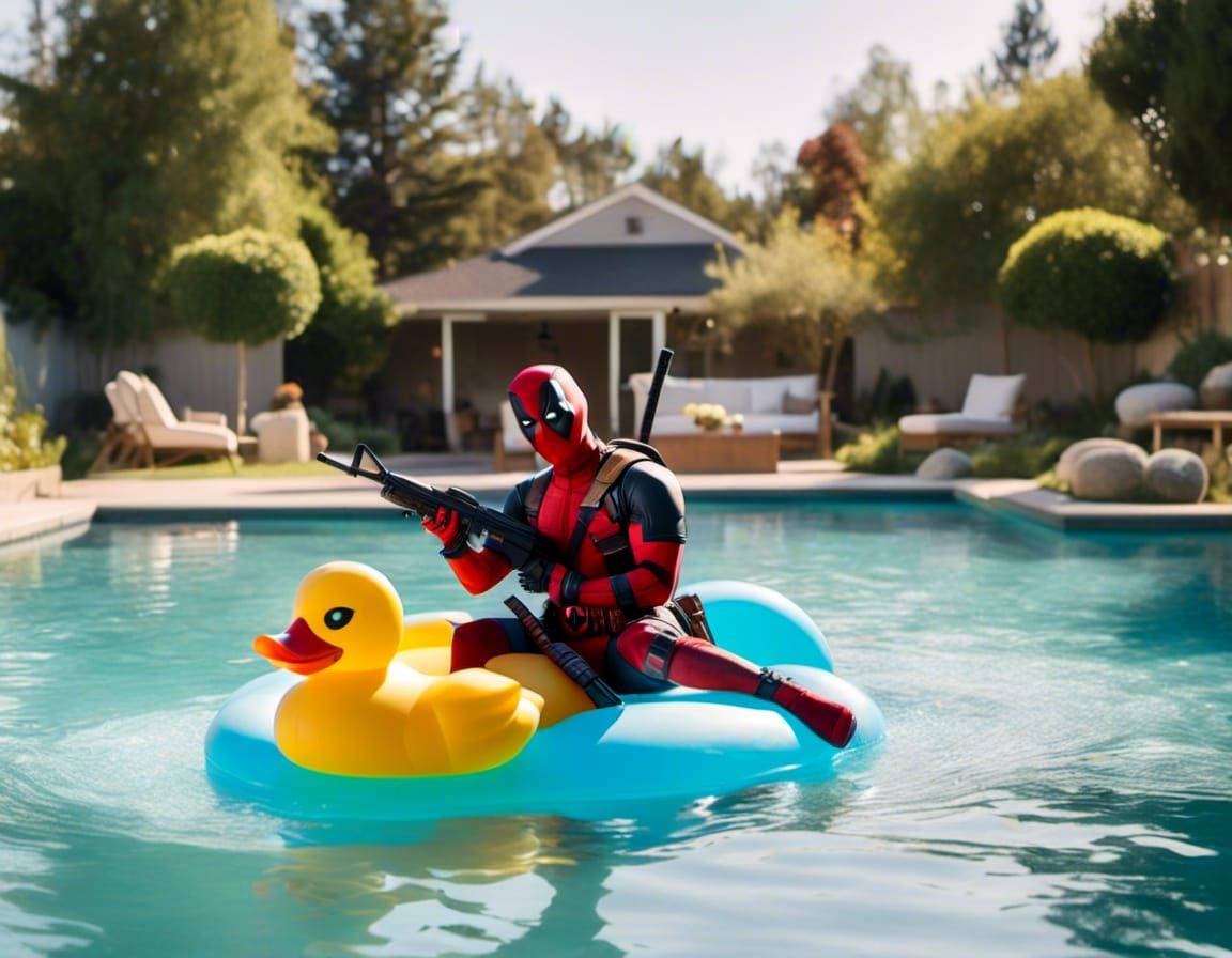 Deadpool floating on a pool float that looks like a giant rubber duck