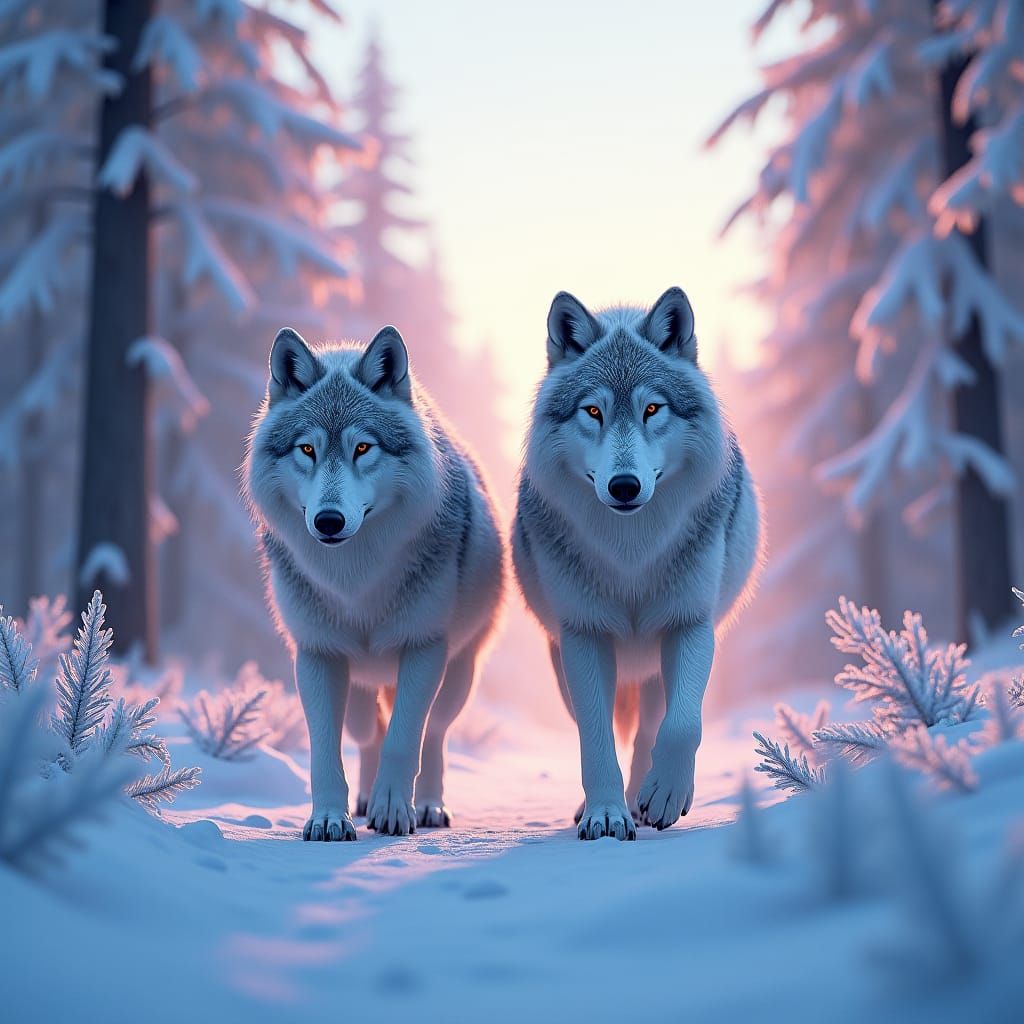 Wolves in Winter Forest: Matte Painting Style