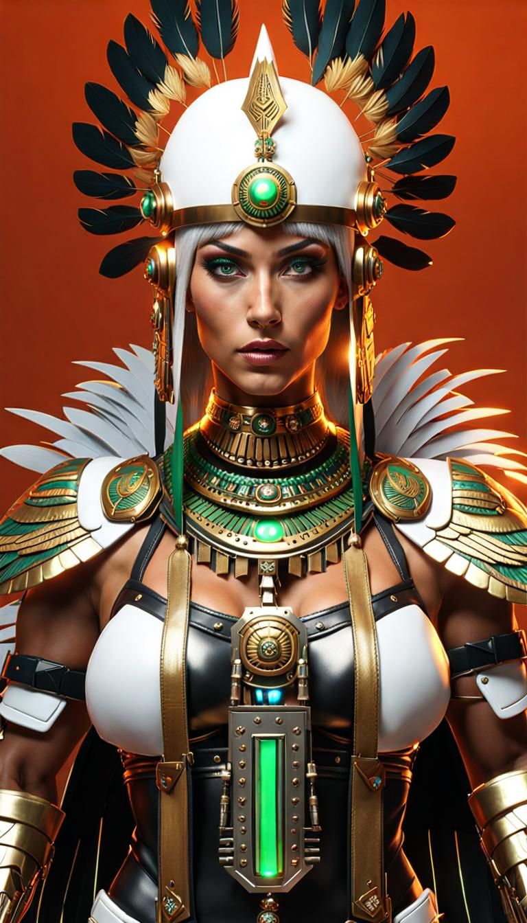 Aztec Warrior Woman with Flaming Sword in Cyberpunk Style
