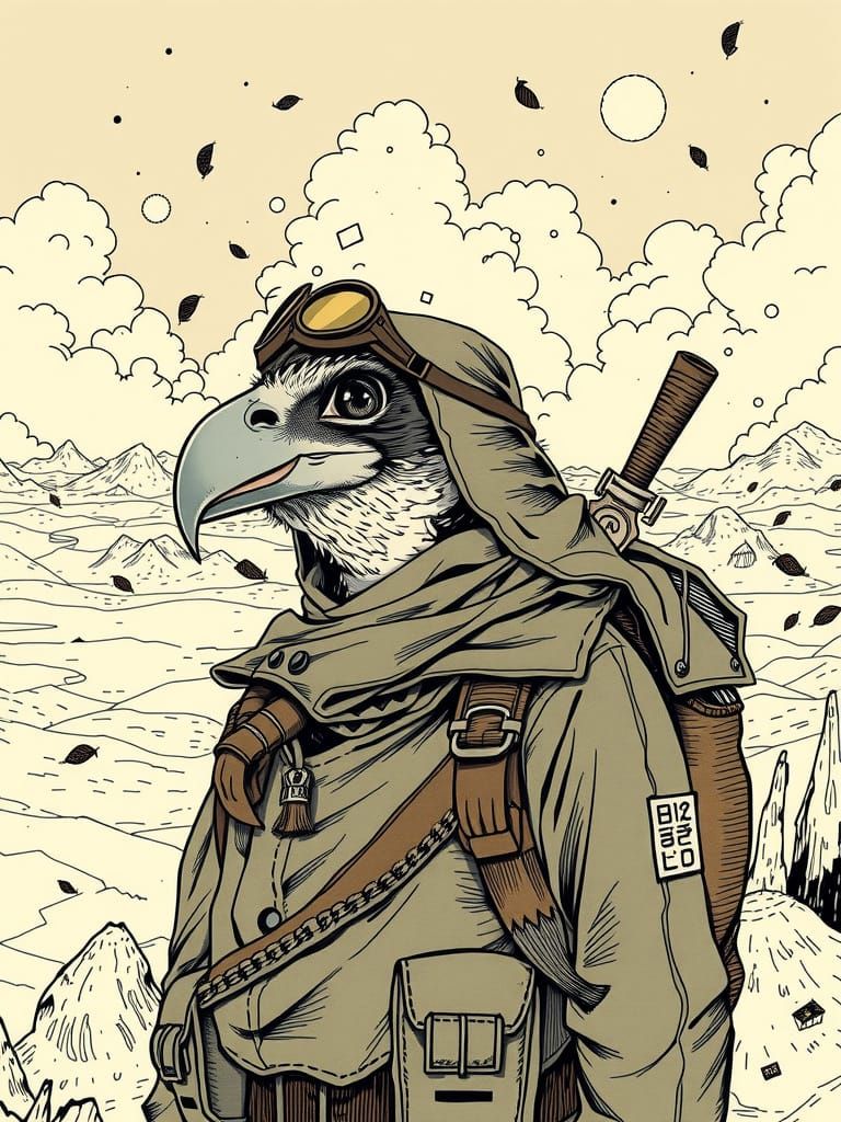 Avian Explorer in Stylized Sky, Ink and Texture Illustration