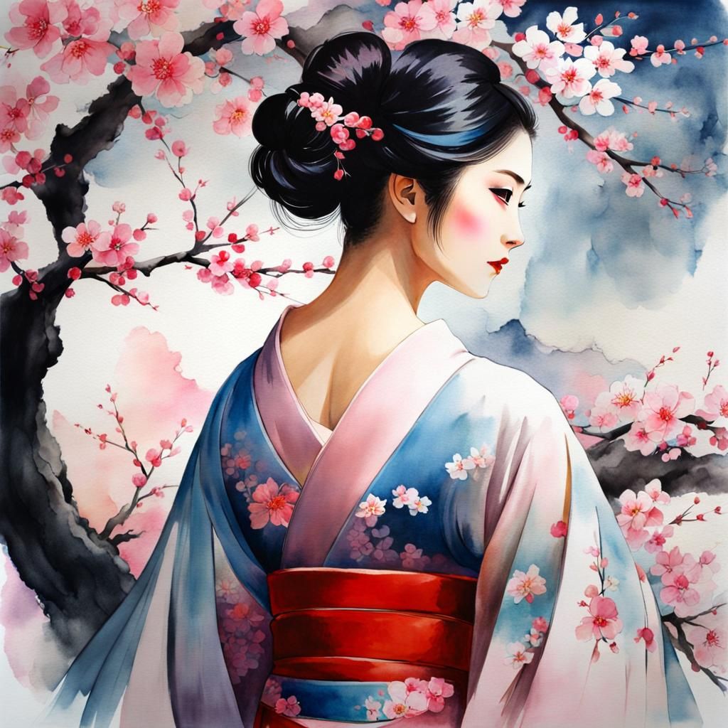 Kimono Woman with Sakura in Watercolor Style