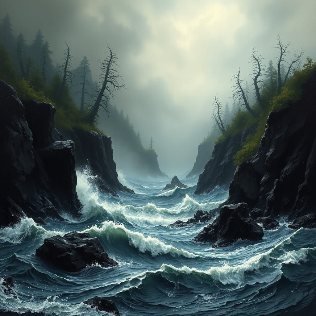 Dramatic Romantic Landscape Painting of Ocean and Forest