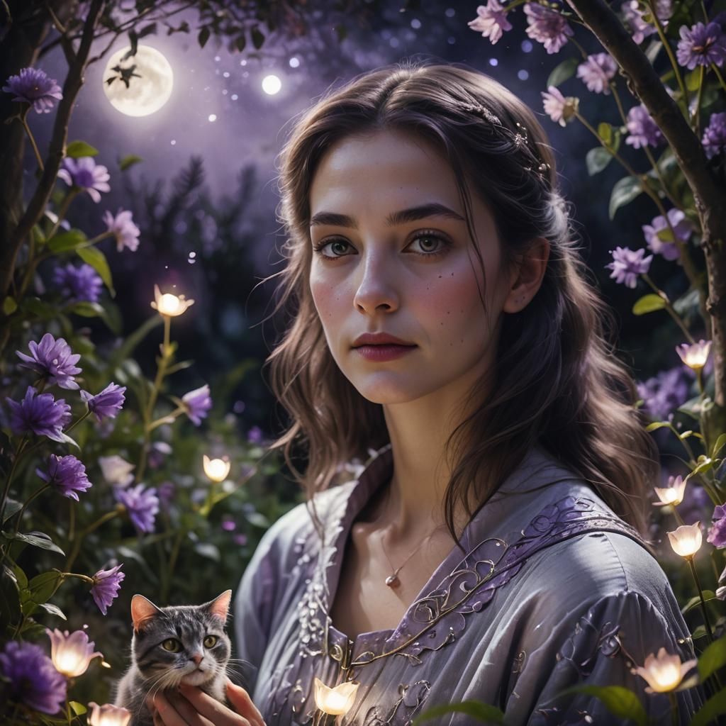 Mystical Feline Woman in Moonlit Garden