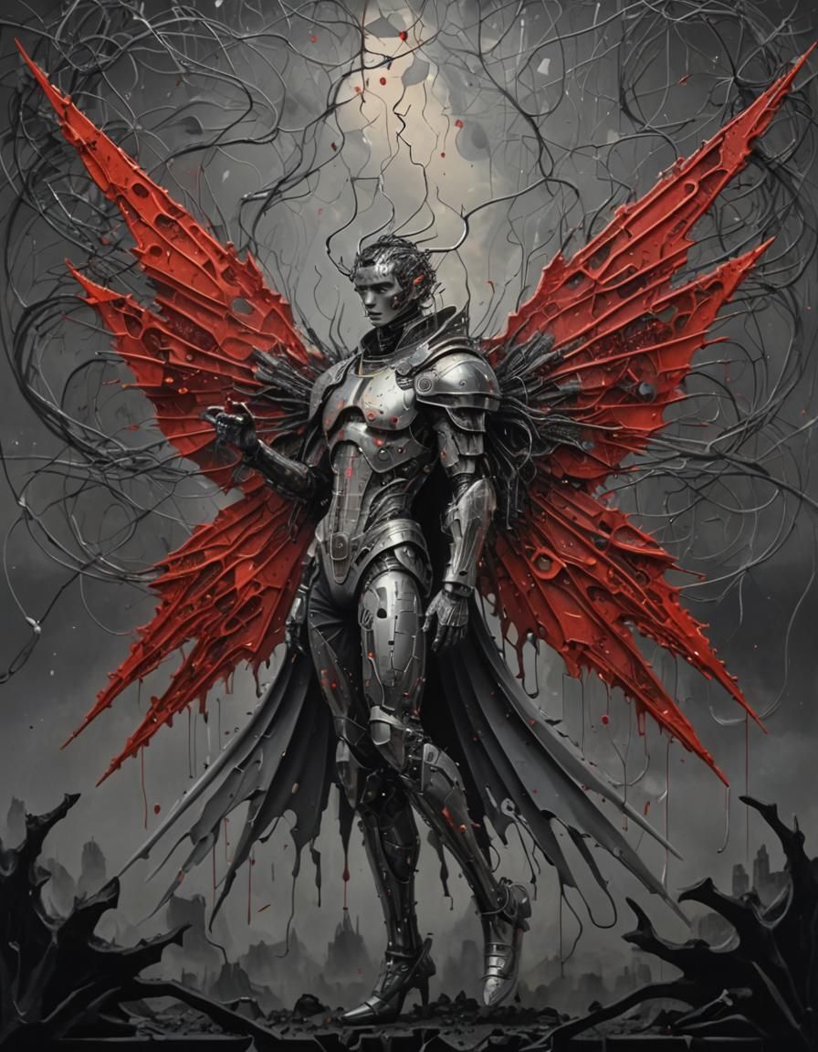 Pixelated Man in Circuitry Landscape: Surreal Digital Art