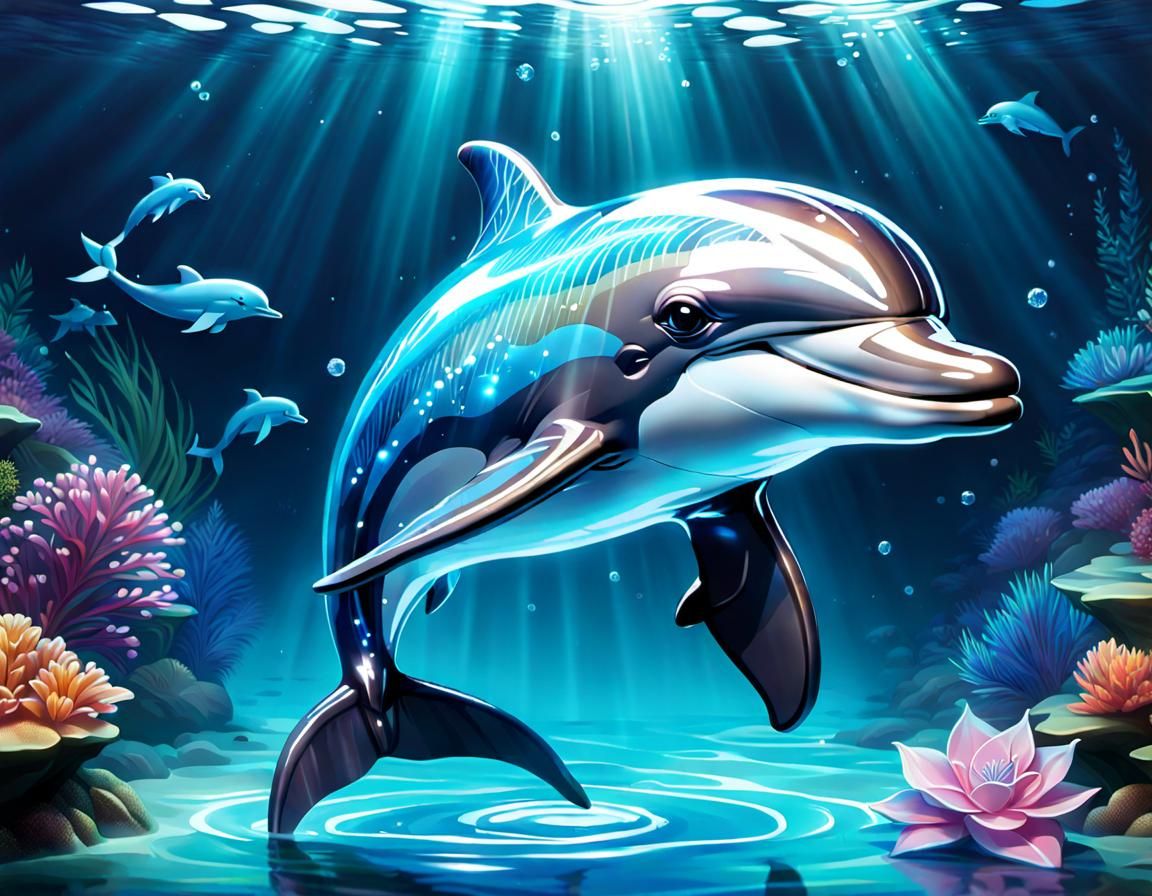 Crystallized Glass Dolphin Leaping from Luminous Water