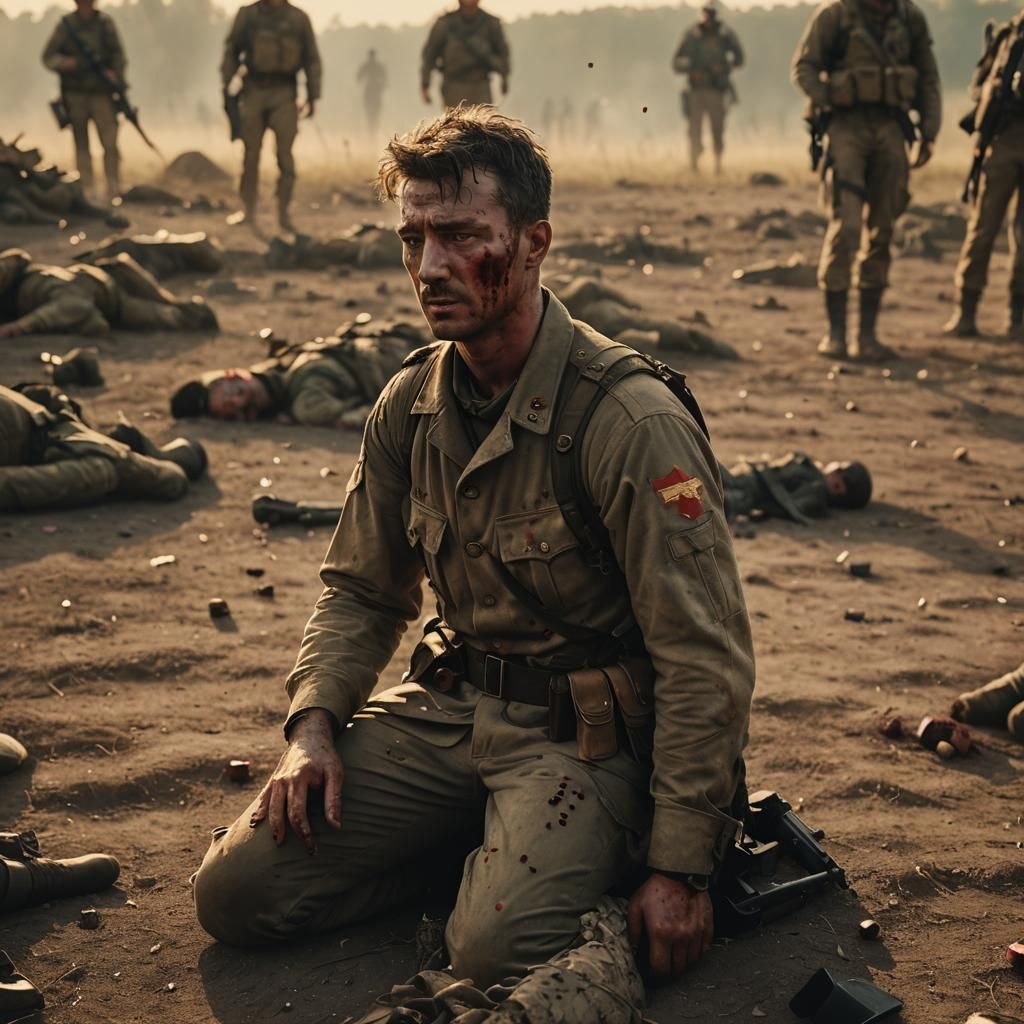 Soldier's Grief on Battlefield: Cinematic Film Still