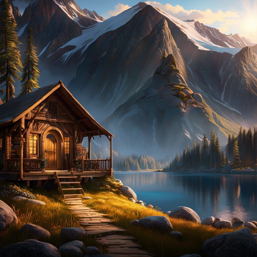Cozy Wooden Hut in Mountain Lake Landscape