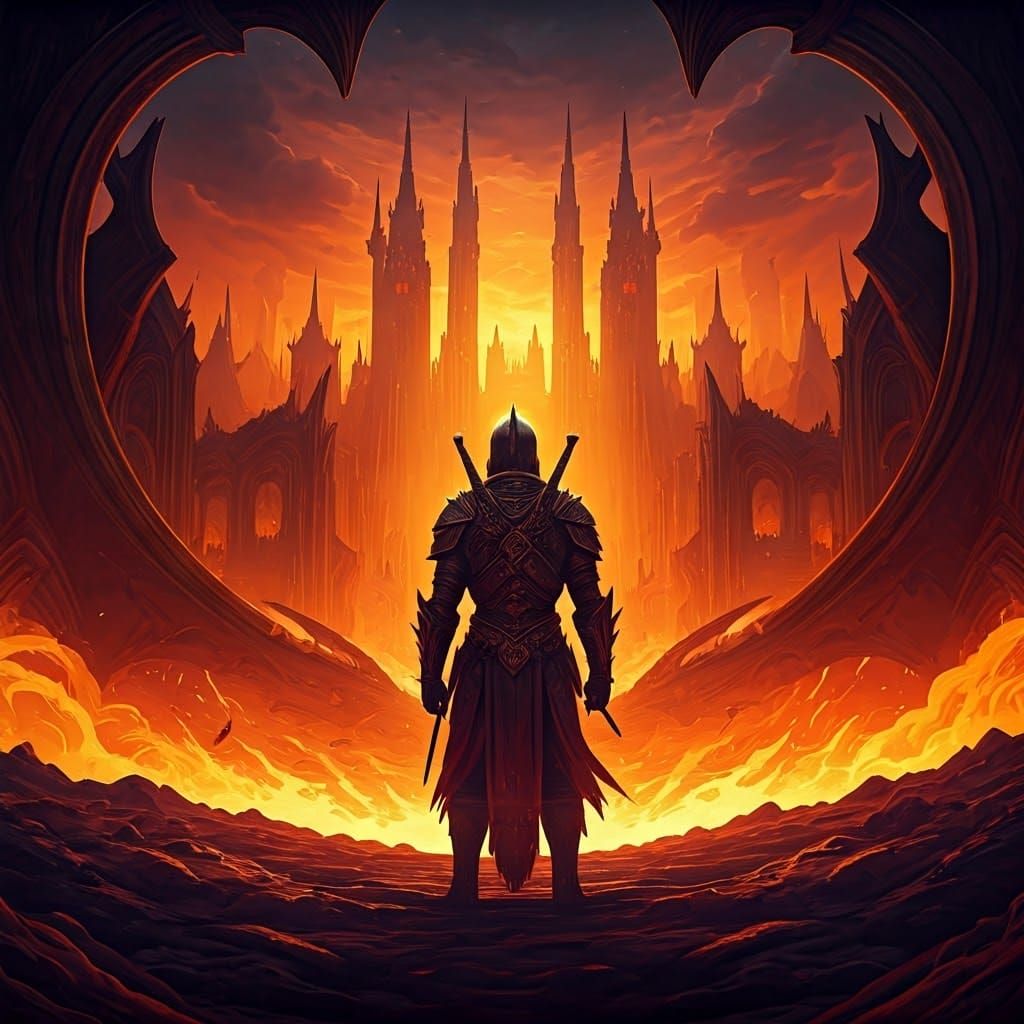 Epic Warrior in Dragon-Scorched Landscape, AAA Game Art