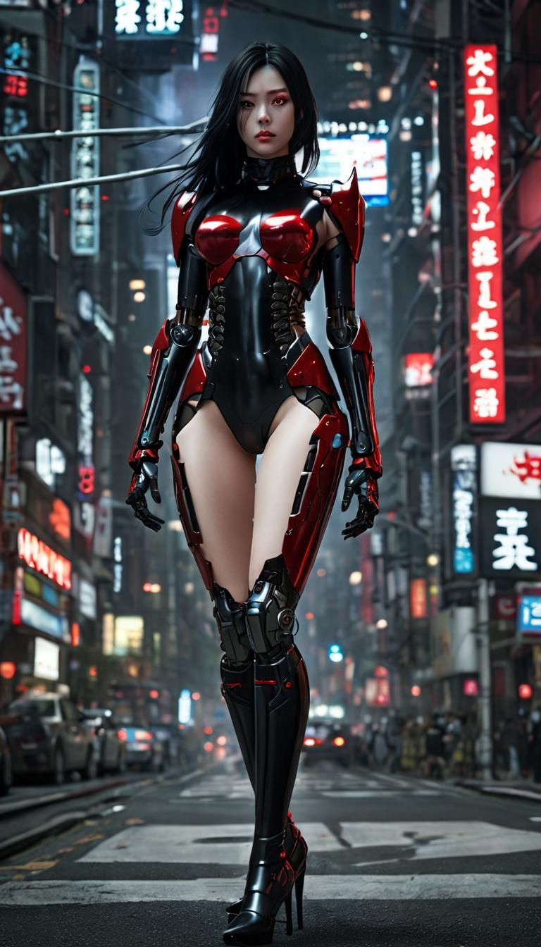 Cybernetic Fembot with Red Glow Eyes in Tokyo
