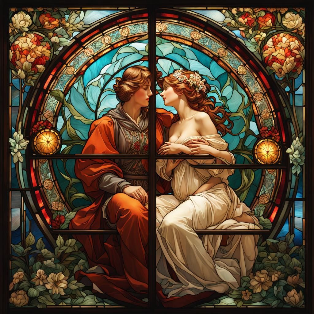 Stained Glass Window of Lovers in Art Nouveau Style