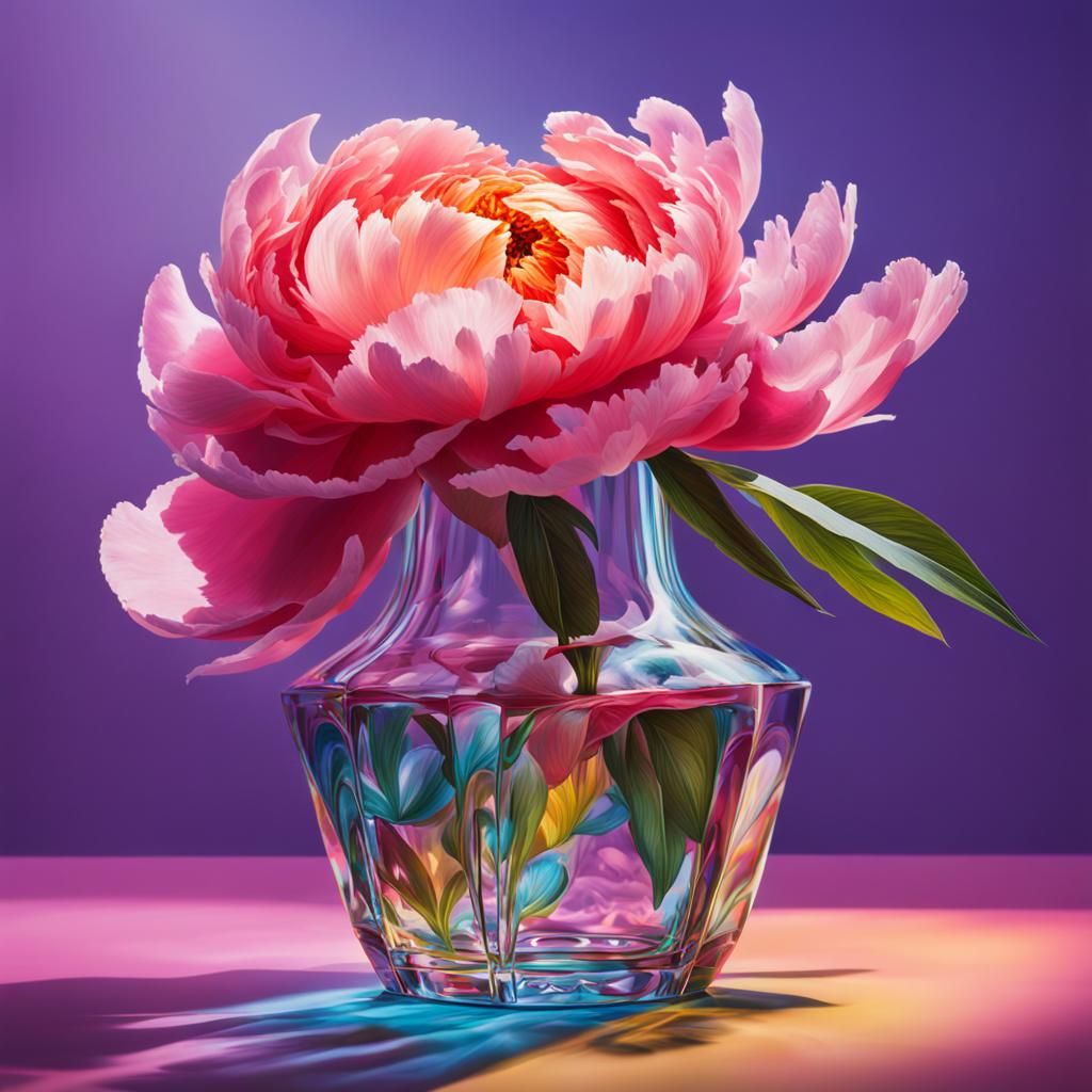 Hyperrealistic Peony in Cut-Glass Vase Splash Art