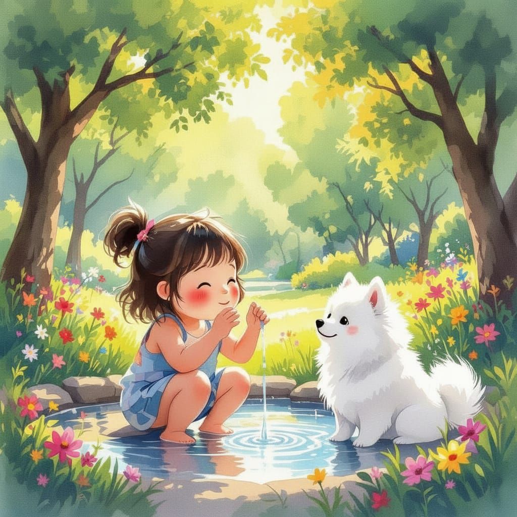 Chubby Girl Drinks From Spring in Park with Spitz Dog