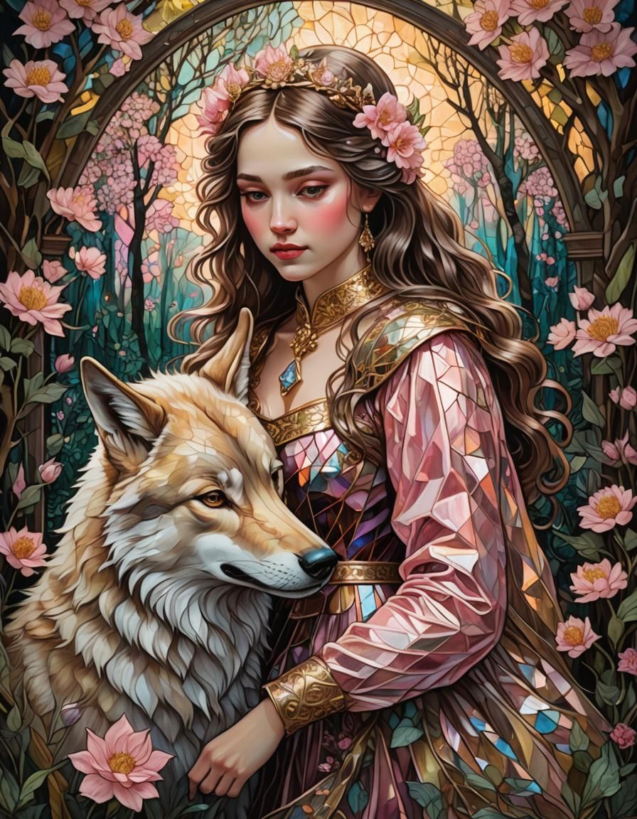 Crystalline Princess and Wolf Portrait in Stained Glass Styl...