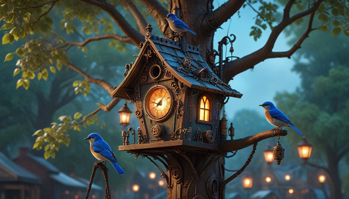 Steampunk Birdhouse in Elm Tree with Bluebirds
