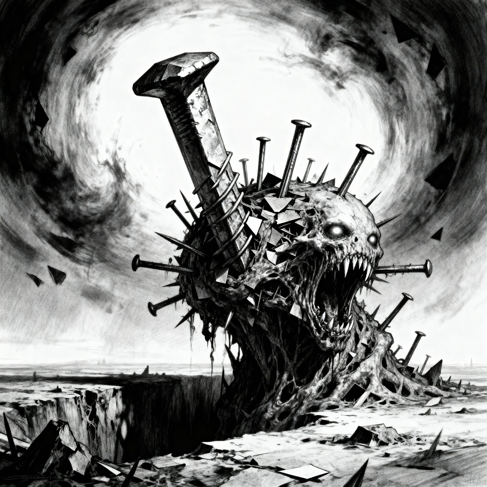 Colossal Nail Monster in Gritty Charcoal Horror Style