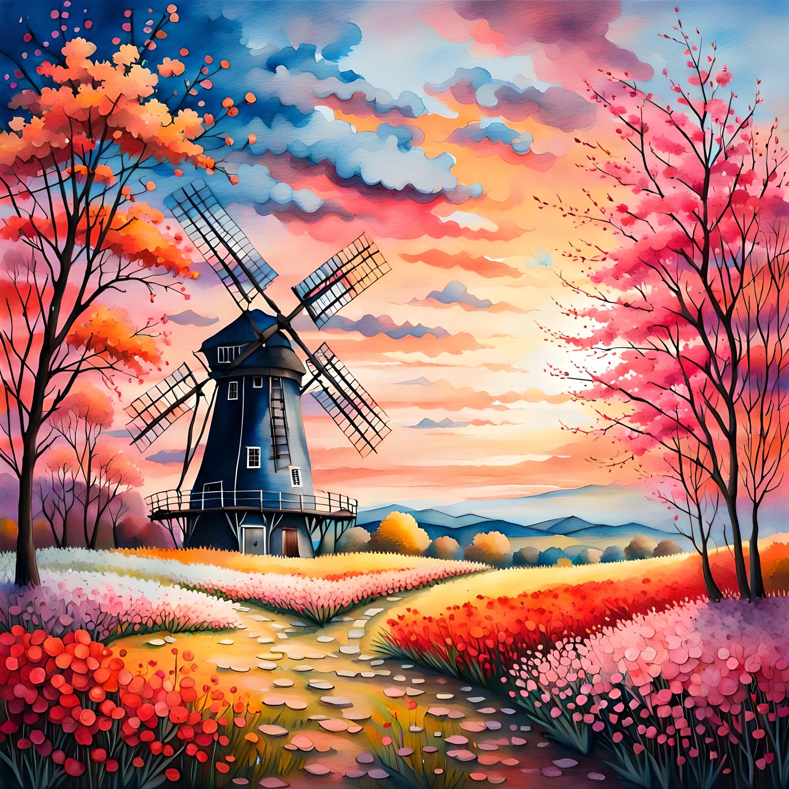 Watercolor painting. Windmill in #vibrantpunk tag now exists...