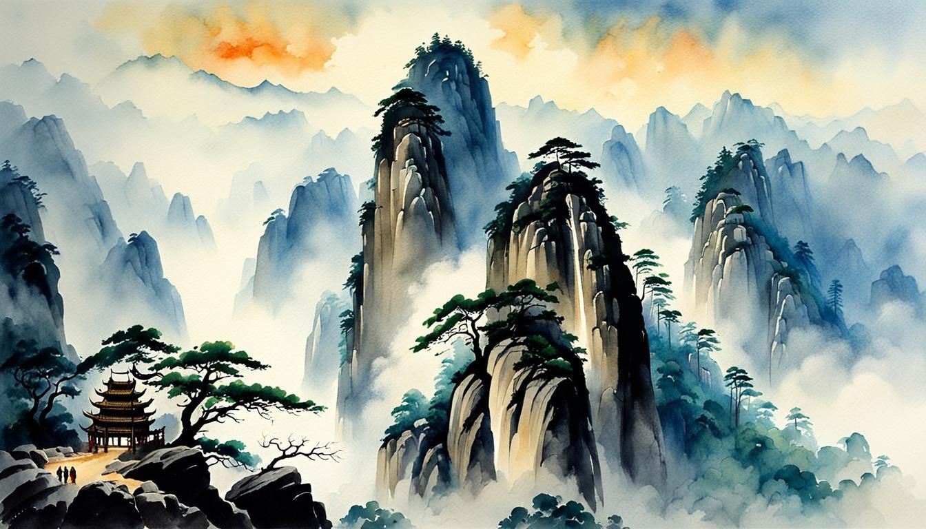 Epic Waterfall in Misty Huangshan Mountains