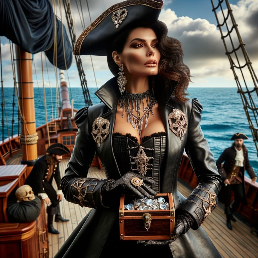 Stylish Pirate Captain with Jewels on Ship Deck