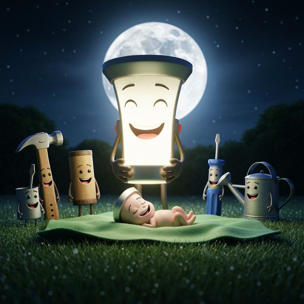 Anthropomorphic Flashlight Giving Birth Under the Moon
