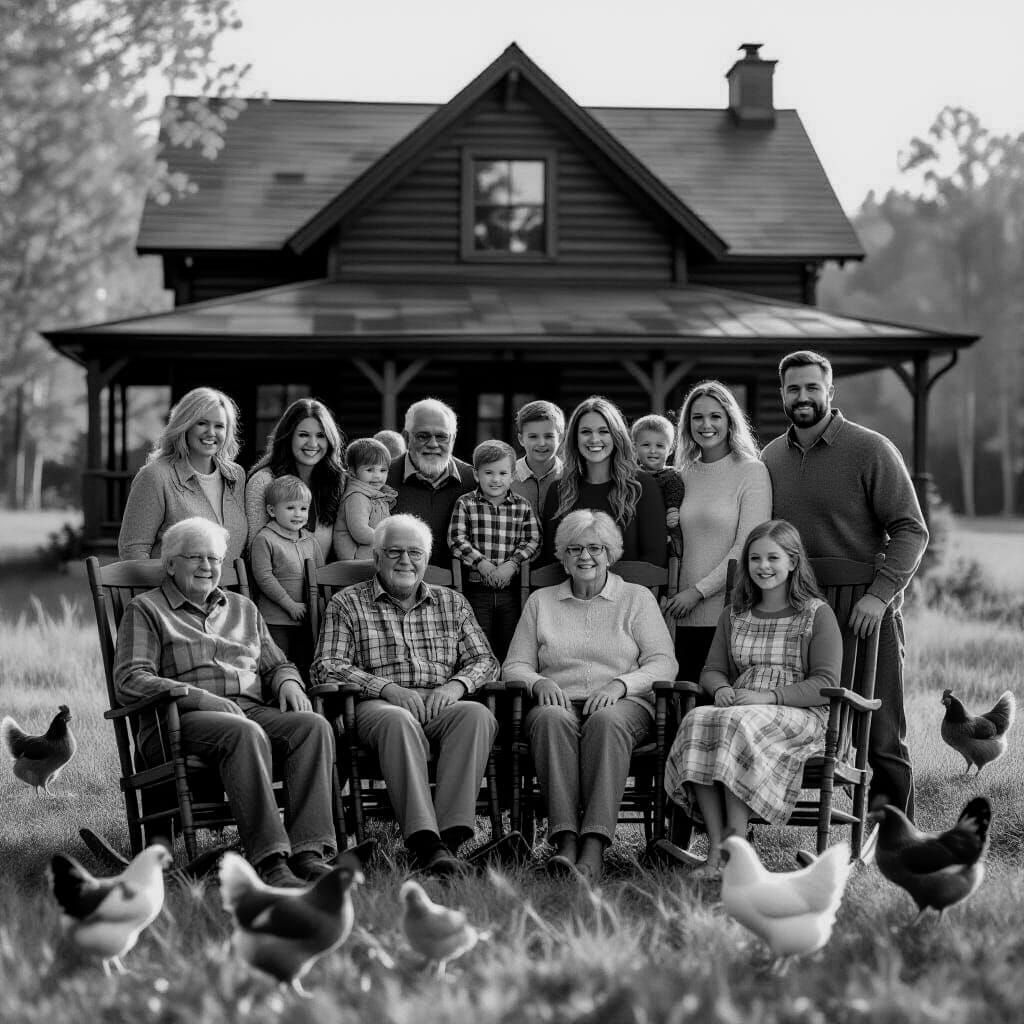 Large Farm Family Poses Near Log Home with Chickens