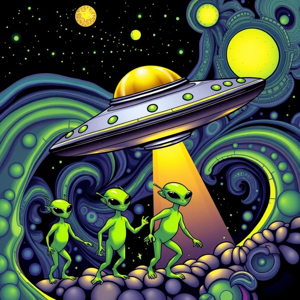 Flying Saucer and Green Aliens in Abstract Style