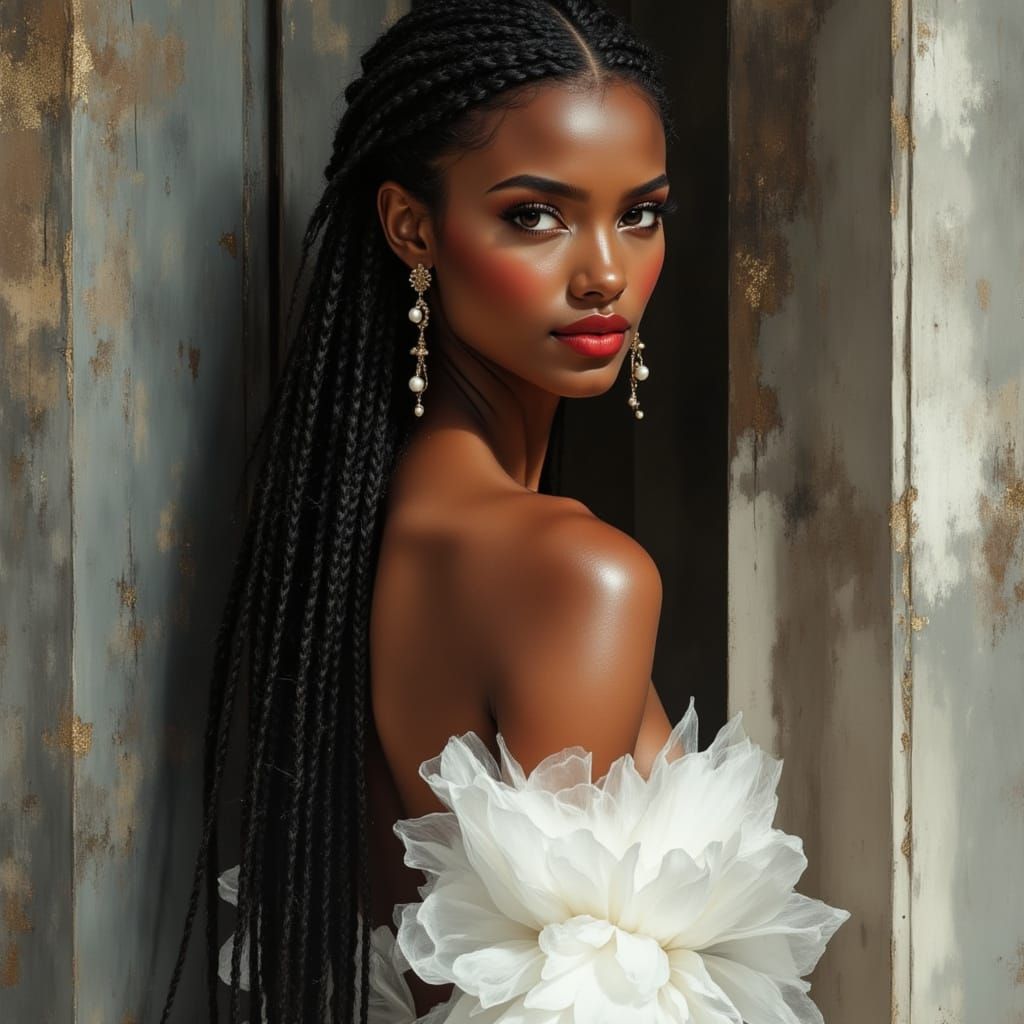 African Goddess in Elegant White Dress - Hyperrealistic Port...