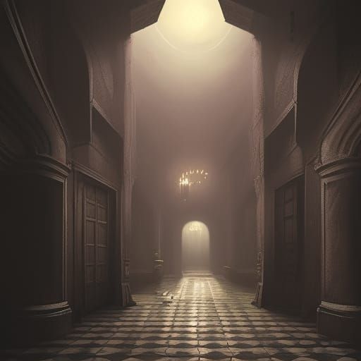 eerie hallway with bad lighting and a dark figure at the end