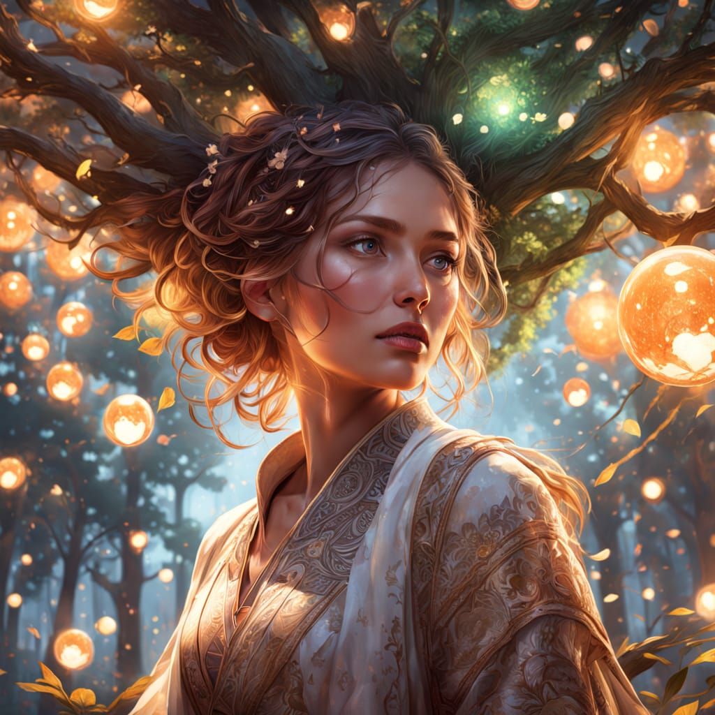 Girl Embracing a Majestic Tree in Triadic Colors