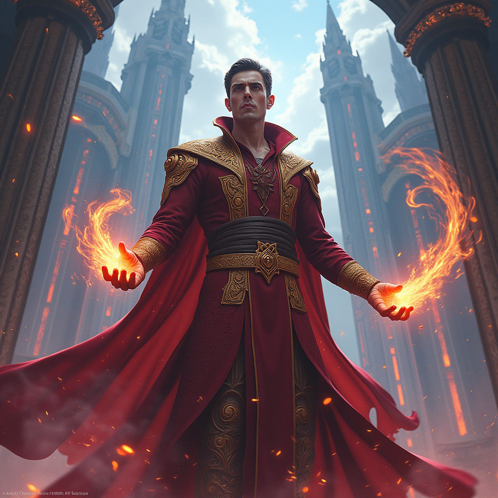 Mysterious Sorcerer in Iridescent Cityscape, Matte Painting