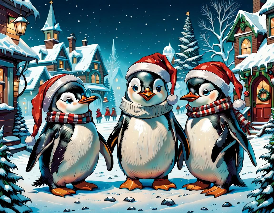Penguins as Santa in Winter Wonderland
