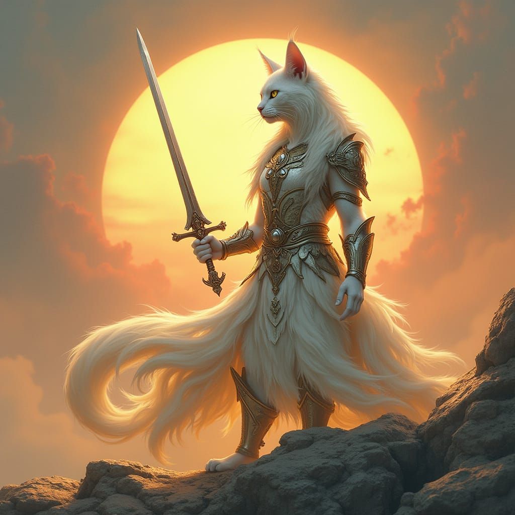 Mystical White Feline Warrior in Golden Light