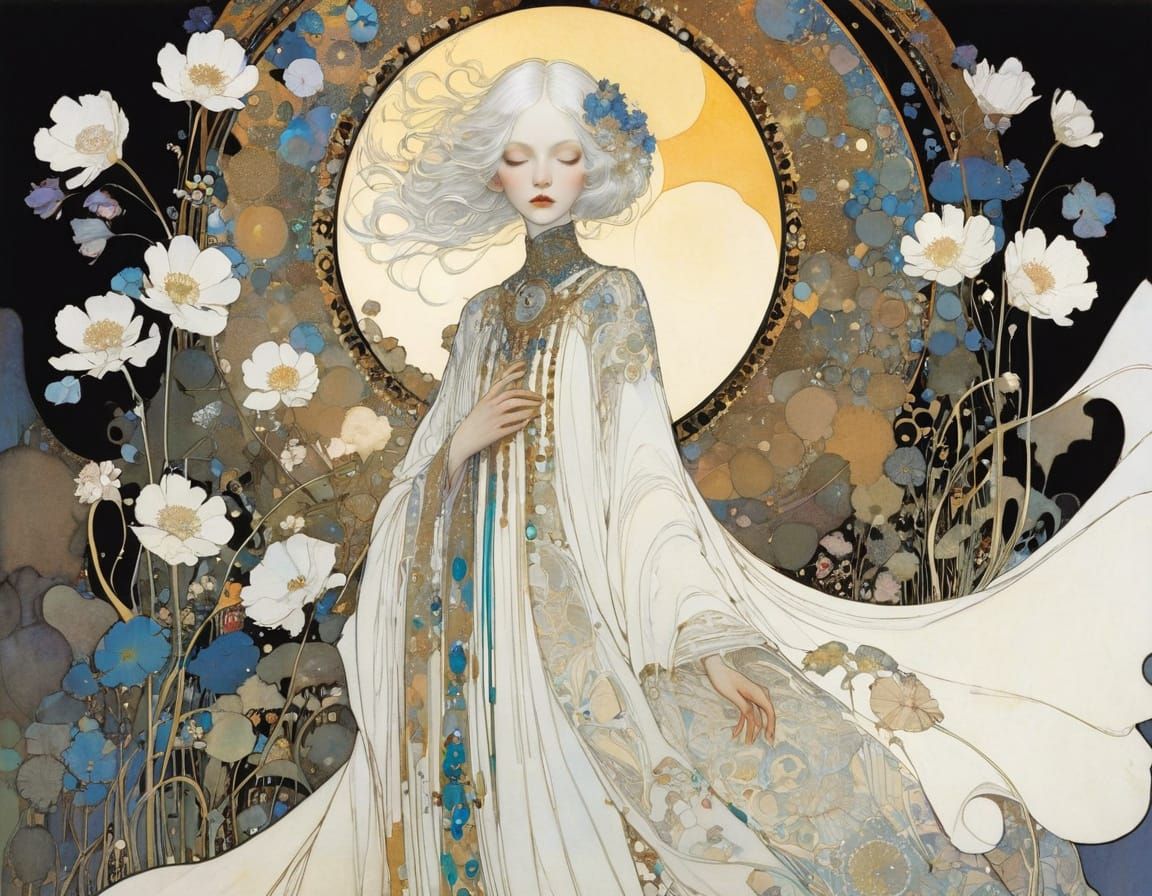 Woman with White Hair in Art Nouveau Style