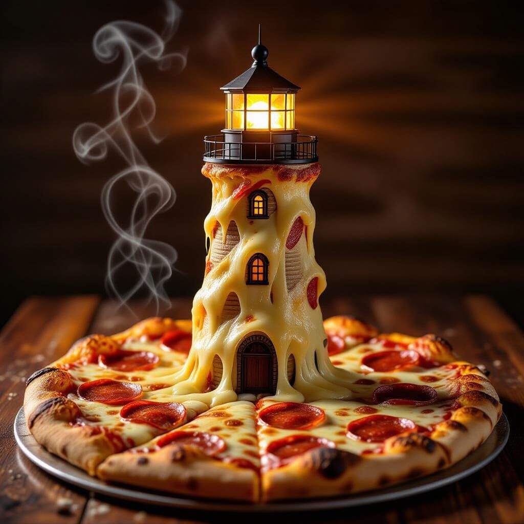 Pepperoni Pizza Lighthouse with Dripping Cheese