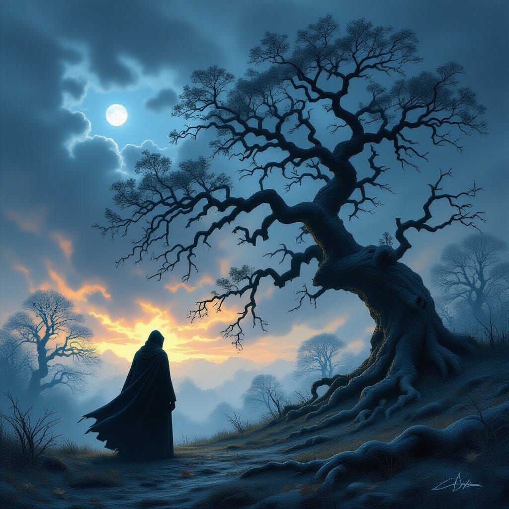 Lone Figure in Gnarled Forest at Twilight Digital Painting