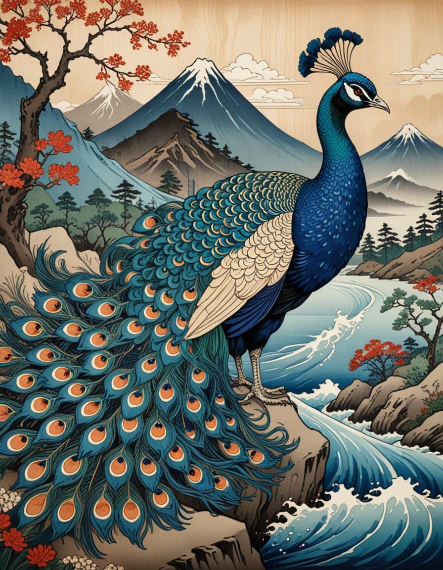 Peacock in Ukiyo-e Style, Inspired by Hokusai