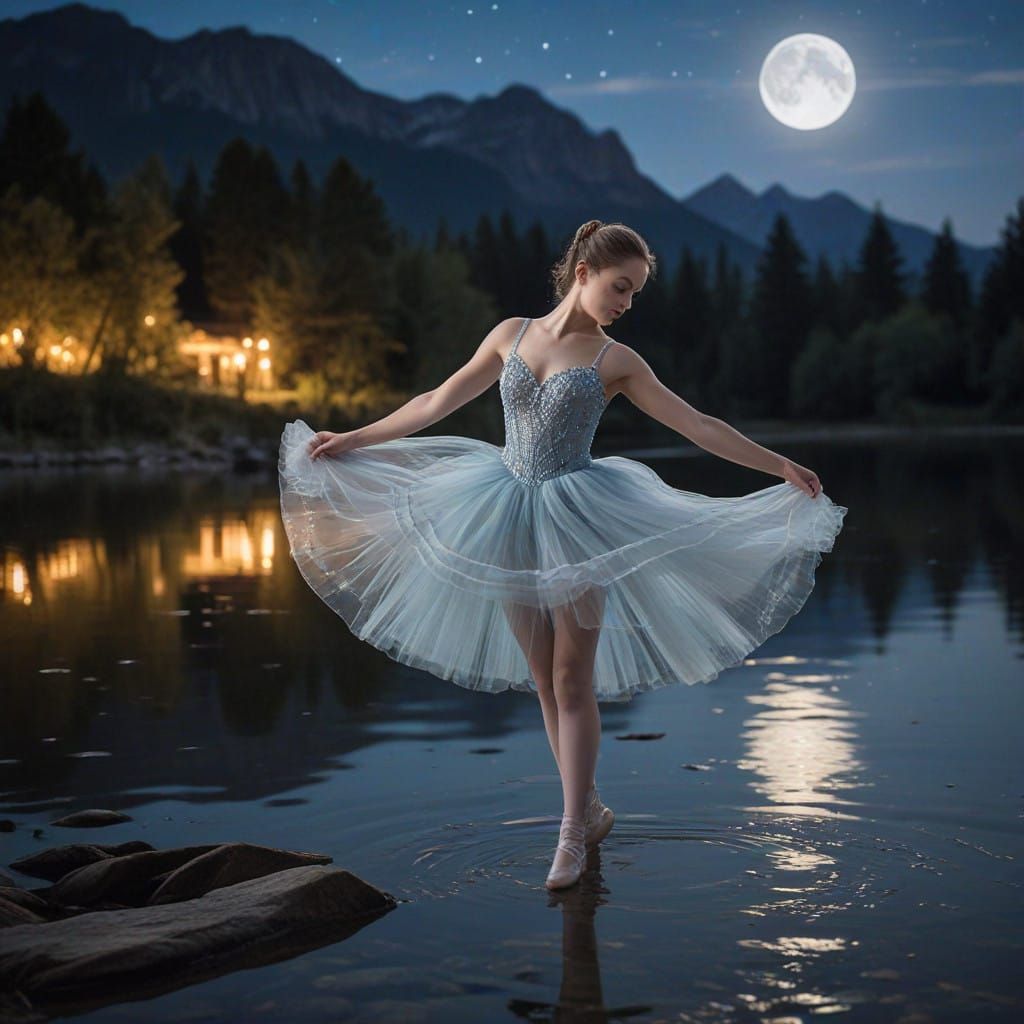 Ethereal Ballerina Dancing Under Silvery Moonlight