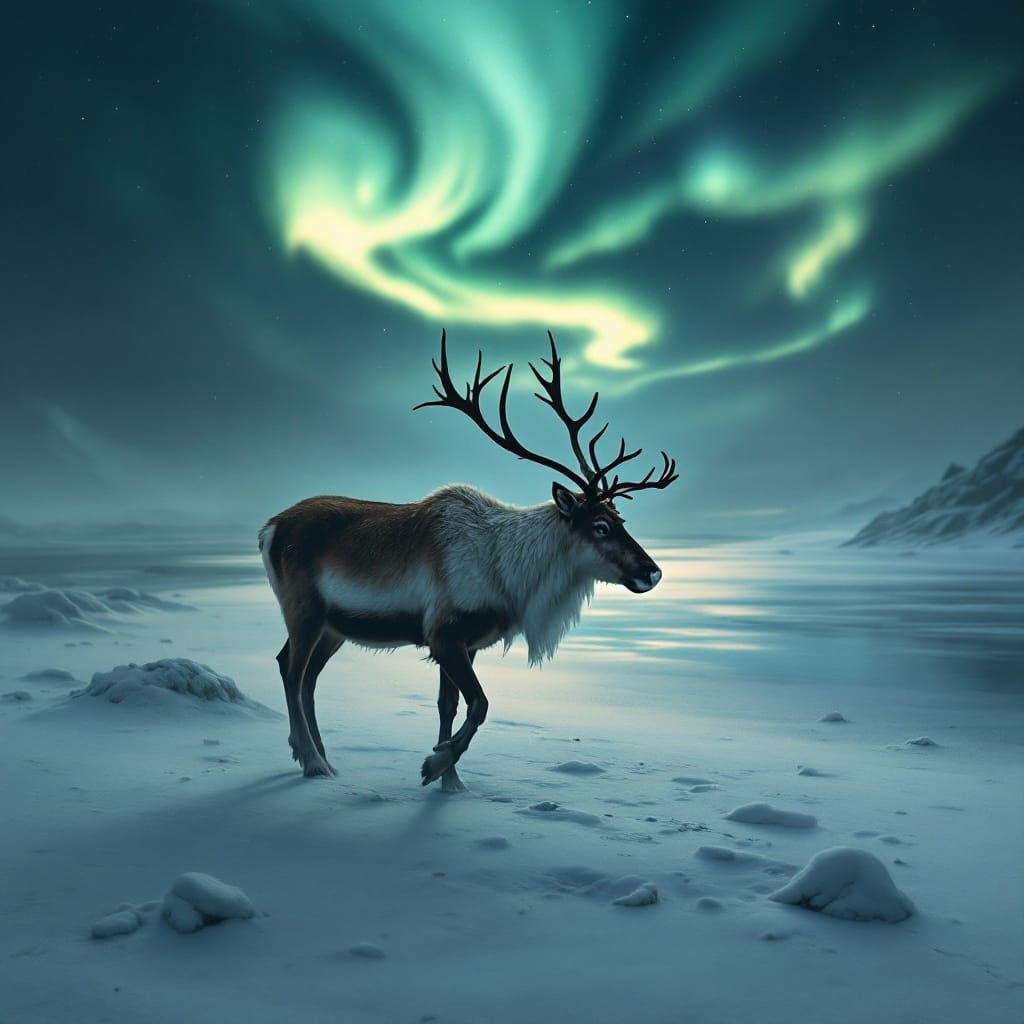 Golden Reindeer Strolls Winter Wonderland