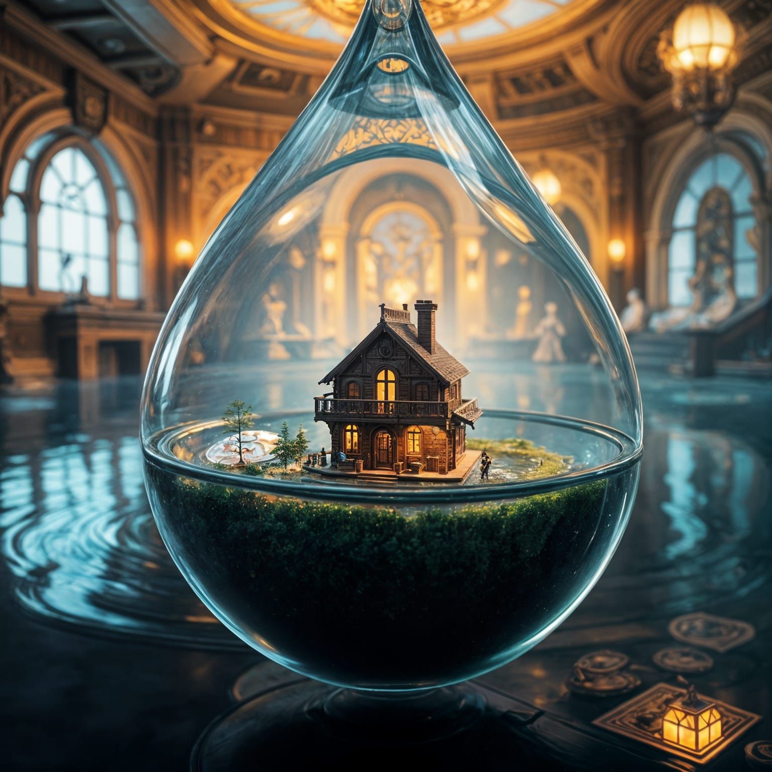 Miniature Dollhouse Inside a Water Droplet