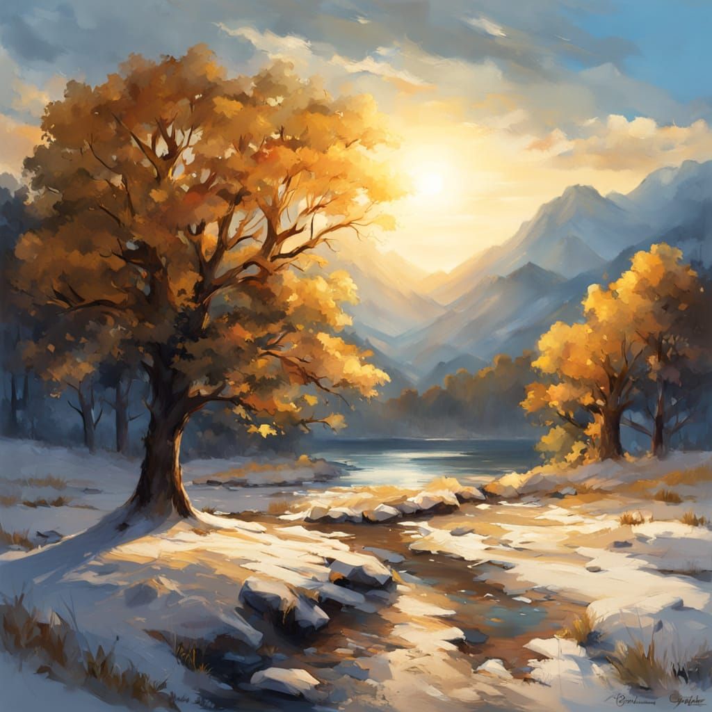 Muscular Man in Serene Sunset Landscape Oil Painting